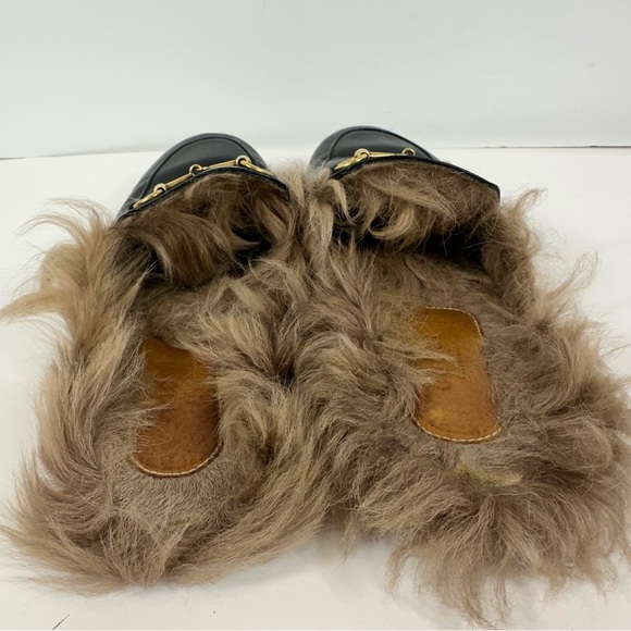 Gucci Princeton Black Leather Fur Horsebit Gold Detail Slip On Mules 39.5 US 9.5 - Picture 5 of 15